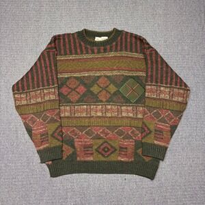 Vtg 90s Tom Sayers Mens Geometric Knit Sweater Green Burgundy Abstract Crewneck